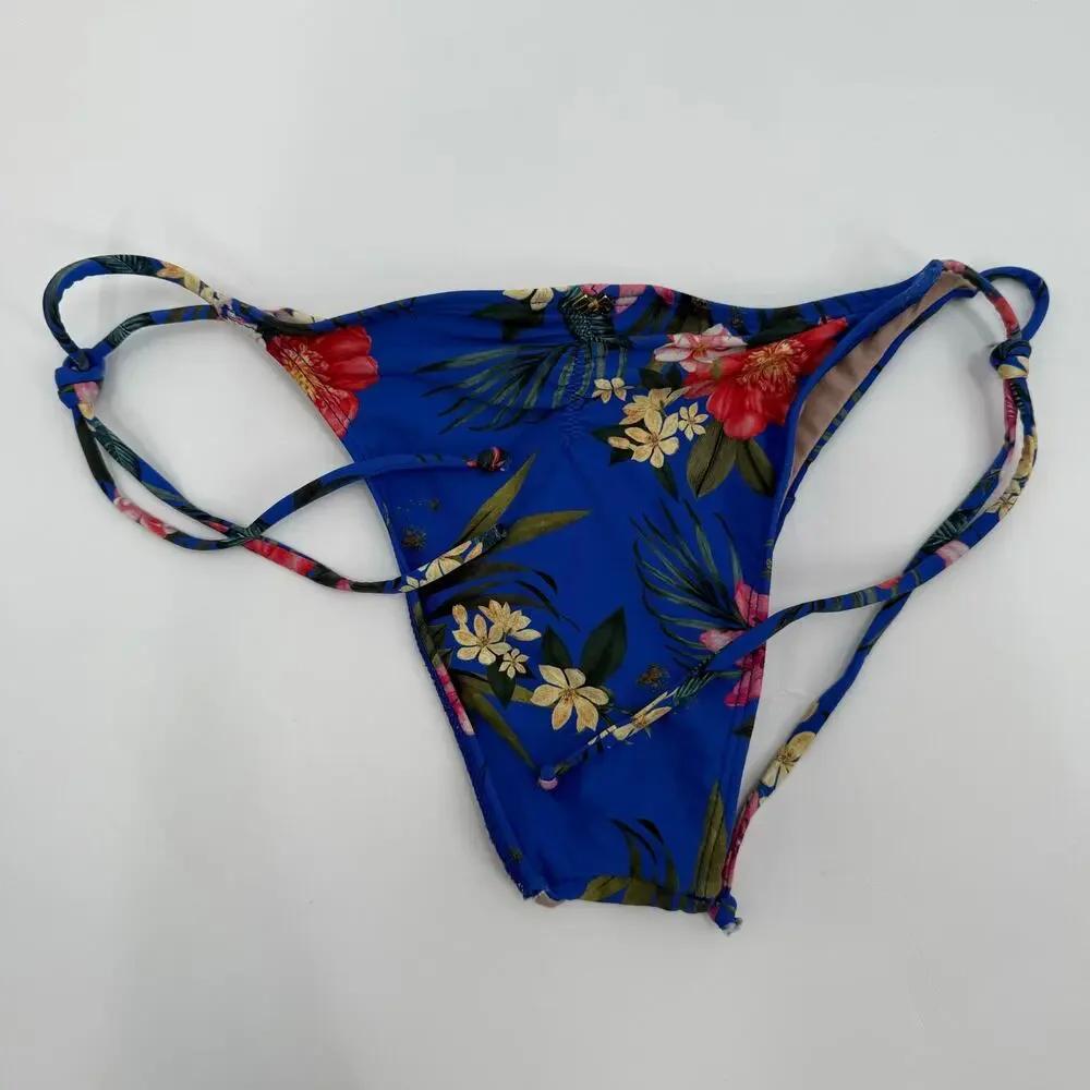 PQ SWIM PILYQ Bikini Bottoms SZ Small Boca Tie String Teeny NEW NWOT Blue Floral
